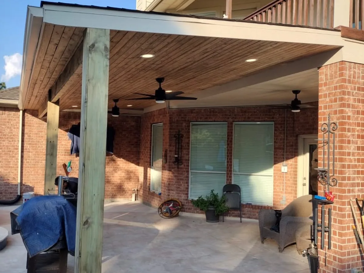 Covered patio lit in the evening